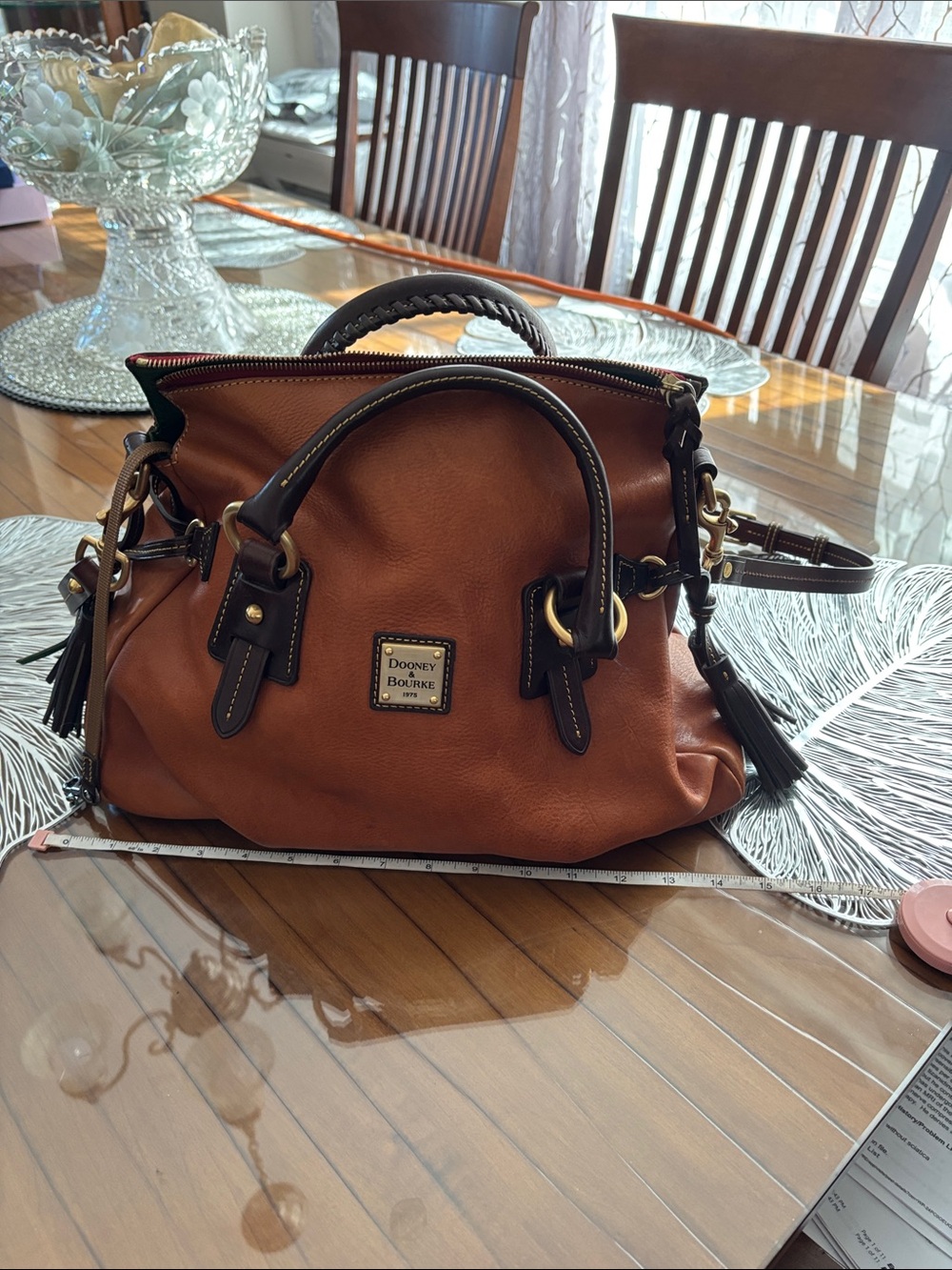 Dooney & Bourke Cognac Brown Leather Satchel with Black Trim